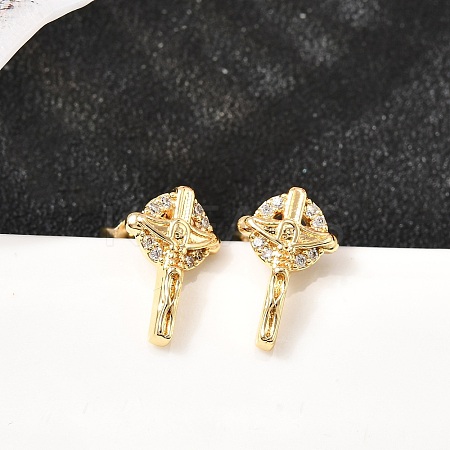 Cross Brass Micro Pave Clear Cubic Zirconia Stud Earrings EJEW-A135-17G-1