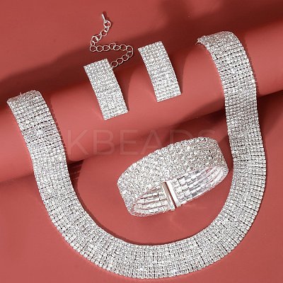 Crystal Rhinestone Bangles & Stud Earrings & Chain Necklaces Sets for Women PW-WG749E4-01-1