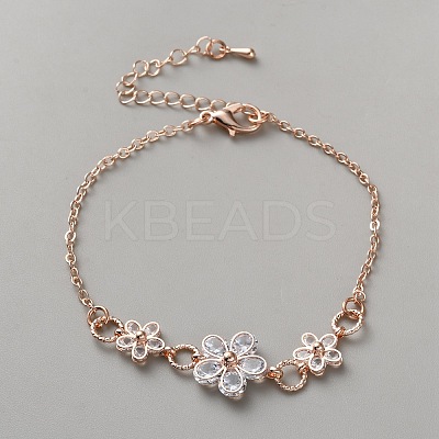 Brass Micro Pave Clear Cubic Zirconia Flower Link Bracelets for Women BJEW-WH0012-52RG-1