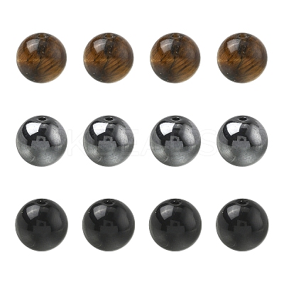 60Pcs 3 Styles Natural Tiger Eye & Obsidian & Synthetic Non-Magnetic Hematite Round Beads G-YW0002-73-1