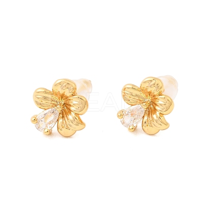 Brass Micro Pave Clear Cubic Zirconia Flower Stud Earrings EJEW-C158-17A-G-1