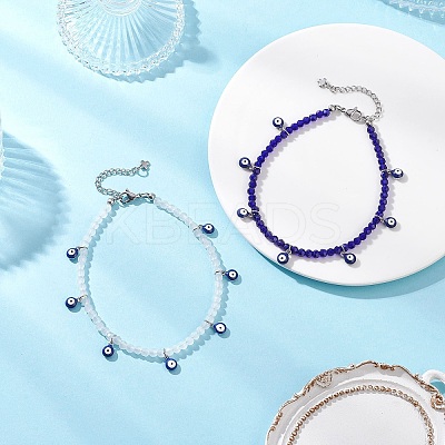 2Pcs 2 Colors 304 Stainless Steel Enamel Blue Evil Eye Tassel Glass Beaded Anklets for Women Men AJEW-AN00754-1