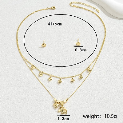 Elegant Copper Heart Elephant Brass Pendant Multi-layer Necklace & Stud Earring Sets for Women Casual Party BW4596-1