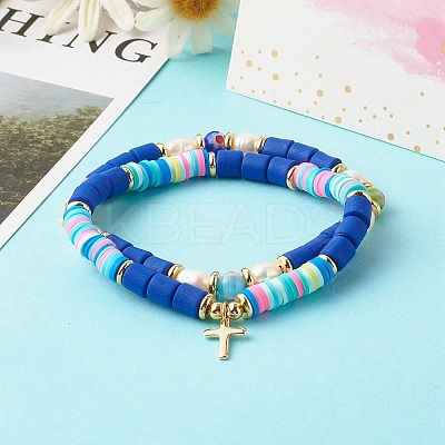 5Pcs 5 Style Handmade Polymer Clay Stretch & Brass Beaded & Alloy Link Chain Bracelets Set BJEW-SZ0001-66D-1