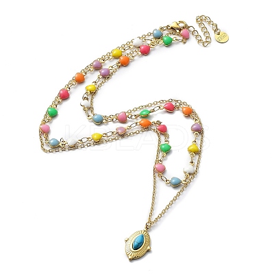 Ion Plating(IP) 304 Stainless Steel Cable & Enamel Heart Link Chains Double Layer Necklace NJEW-C012-01G-1