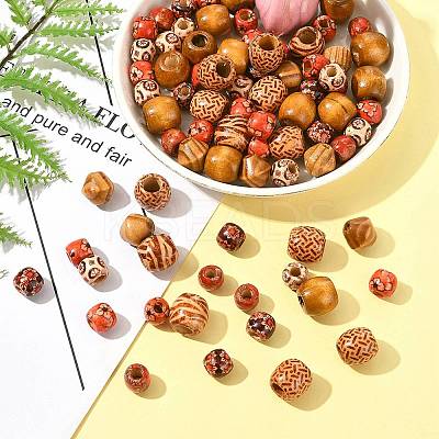 161Pcs 8 Styles Printed Natural Wood Beads WOOD-FS0001-52-1