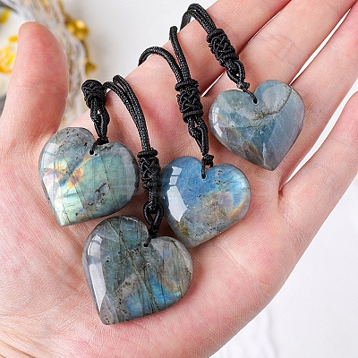 Natural Labradorite Heart Pendant Necklaces PW-WG04E68-01-1