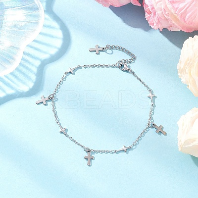 304 Stainless Steel Cross Link Chain Anklets AJEW-AN00739-01-1