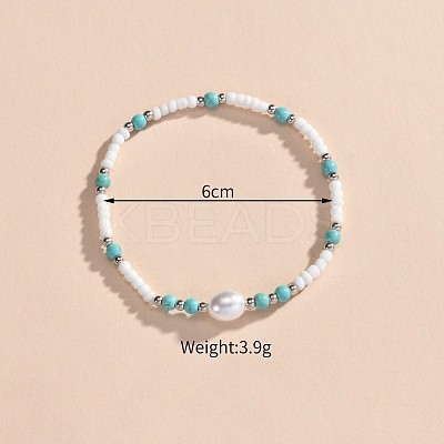 Bohemian Style Resin & Synthetic Turquoise & Rice Plastic Pearl Beaded Stretch Anklets for Women FS-WG314A7-01-1