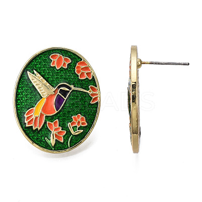 Enamel Hummingbird and Flower Stud Earrings EJEW-N046-019-1