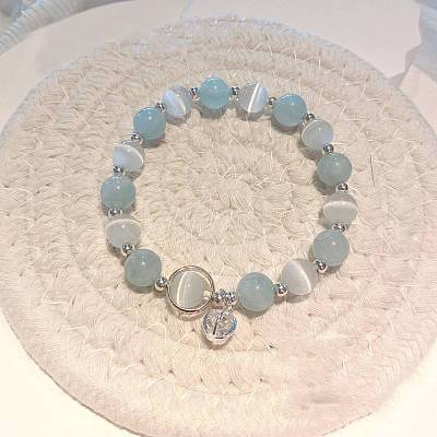 Round Alloy & Cat Eye & Natural Aquamarine Round Beaded Charm Bracelets for Women WG9D4EC-10-1