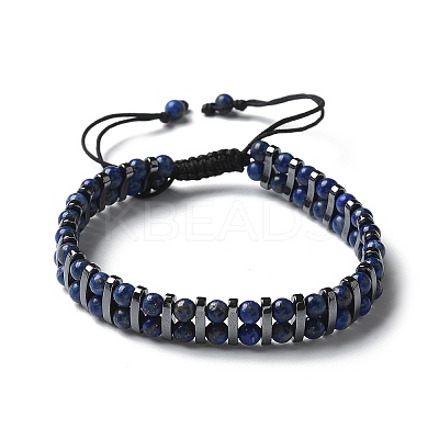 Natural Lapis Lazuli and Synthetic Hematite Adjustable Braided Bead Bracelets BJEW-H626-01-07-1