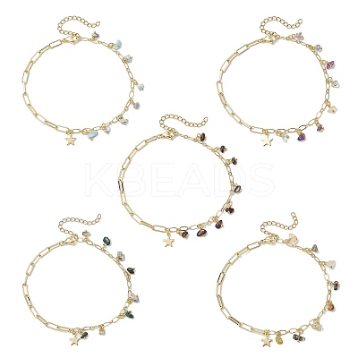 Natural Larimar/Moss Agate/Fluorite/Rutilated Quartz/Garnet Chips Charm Brass Figaro Chain Anklets AJEW-AN00667-1