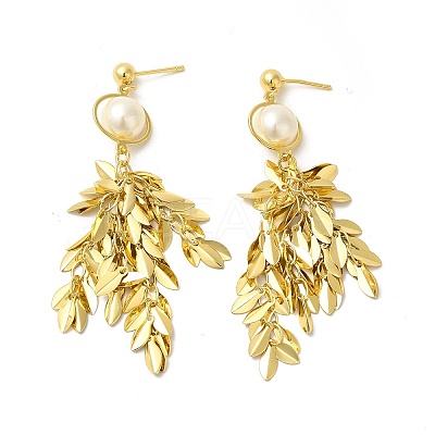 ABS Pearl with Leafy Branch Dangle Stud Earrings EJEW-E270-13G-1