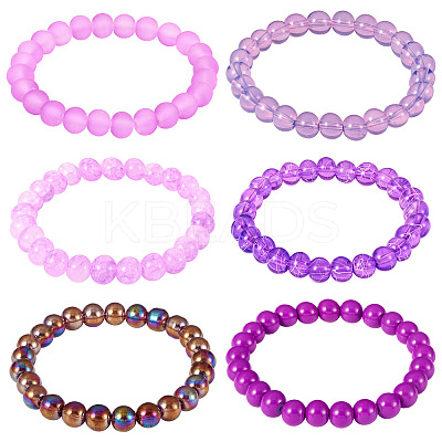 6Pcs 6 Styles 8mm Glass Round Beaded Stretch Bracelet Sets BJEW-TAC0022-1