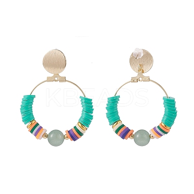 Natural Green Aventurine & Polymer Clay Beaded Big Ring Dangle Stud Earrings EJEW-TA00075-05-1