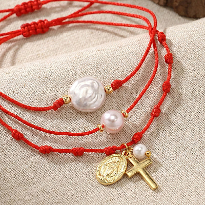 3Pcs Imitatiom Pearl & Brass Charm Bracelets OQ8037-5-1