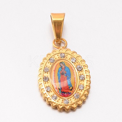 Holy Jewelry 304 Stainless Steel Flat Oval with Virgin Mary Pendants STAS-L130-06-1
