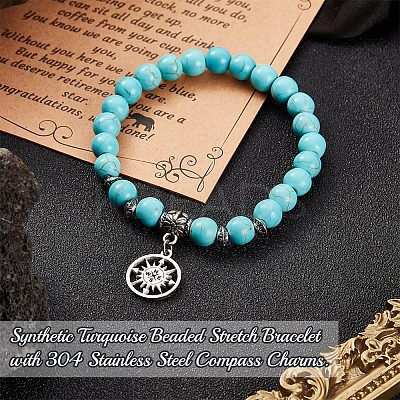Synthetic Turquoise Beaded Stretch Bracelet with 304 Stainless Steel Compass Charms BJEW-OC0001-17-1