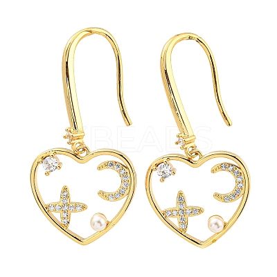 Cubic Zirconia Heart with Star Dangle Earrings with Plastic Pearl Beaded KK-C026-15G-1
