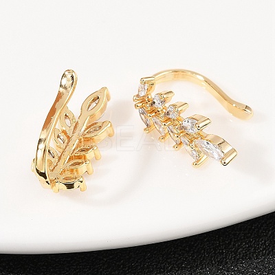 Leaf Brass Micro Pave Clear Cubic Zirconia Cuff Earrings EJEW-F384-20G-1