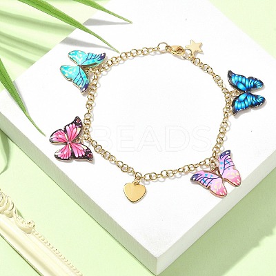 Enamel Butterfly & Alloy Heart Charm Bracelet with Ion Plating(IP) 304 Stainless Steel Chains BJEW-JB09558-1