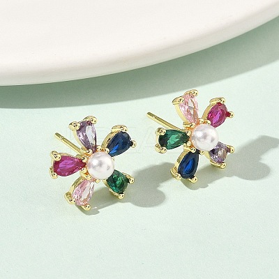 Flower Brass Cubic Zirconia Stud Earrings EJEW-P336-06G-1
