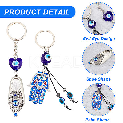 2Pcs 2 Style Turkish Blue Evil Eye Lucky Shoes/Hamsa Hand/Hand of Miriam Pendant Alloy Keychain KEYC-AR0001-27-1