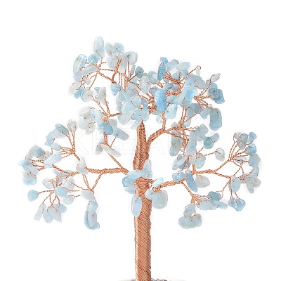 Natural Aquamarine Gemstone Chips with Brass Wrapped Wire Money Tree on Ceramic Vase Display Decorations DJEW-B007-02G-1