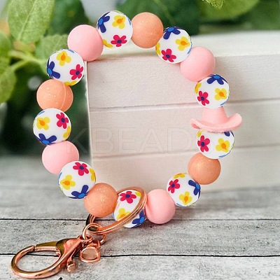 50Pcs Round with Flower Food Grade Eco-Friendly Silicone Beads SIL-AN0001-03-1