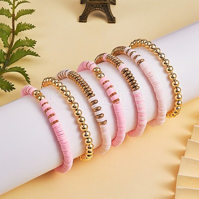 Synthetic Hematite & Polymer Clay Heishi Beads Stretch Bracelets Set BJEW-PH01487-01-1