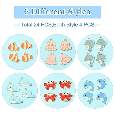 24Pcs 6 Styles Sea Animal Alloy Enamel Pendants ENAM-YW0005-26-1