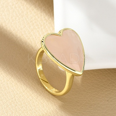 Heart Brass Natural Rose Quartz Finger Rings RJEW-D304-01G-B-1