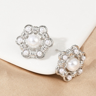 Flower Brass ABS Imitation Pearl Stud Earrings EJEW-M082-09P-1