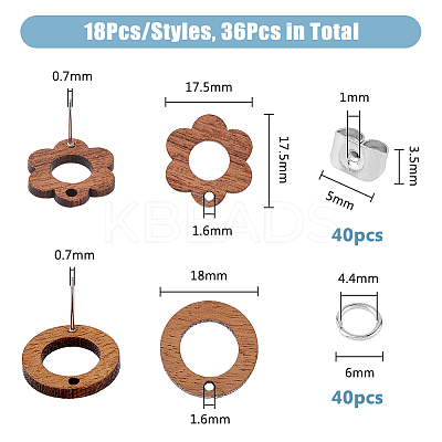 16 Pairs 2 Style Flower & Ring Wood Stud Earring Findings DIY-DC0002-88-1