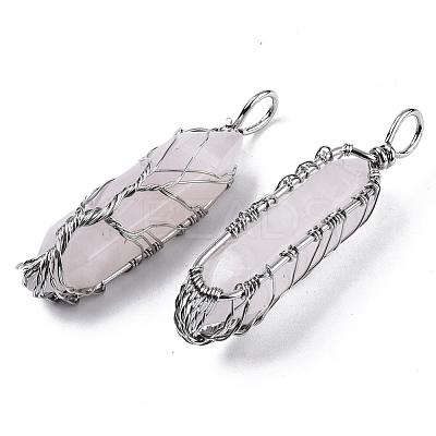 Natural Rose Quartz Big Wire Wrapped Pointed Pendants G-T133-P02G-1