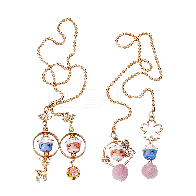 2Pcs 2 Style Lucky Cat Car Charm Porcelain Figurine Hanging Pendant Decorations HJEW-DC0001-05-1