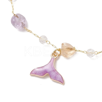 Brass Handmade Natural Amethyst Nuggets Link Chain Alloy Enamel Whale Tail Pendant Anklets for Women AJEW-AN00709-03-1