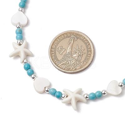 Summer Beach Round Synthetic Turquoise & Natural Freshwater Shell Heart Starfish Beaded Necklaces NJEW-JN05209-1