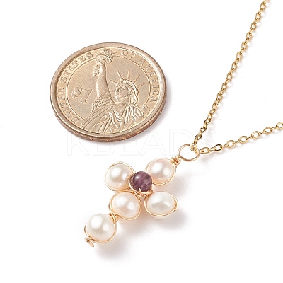 Natural Amethyst & Pearl Braided Cross Pendant Necklace NJEW-JN03920-01-1