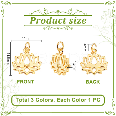 3Pcs 3 Colors 925 Sterling Silver Hollow Lotus Flower Charms STER-GA0001-27-1