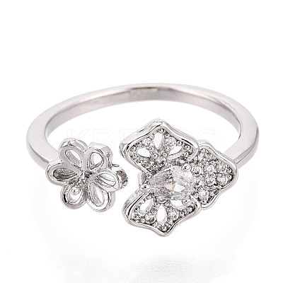 Leaf Brass Micro Pave Clear Cubic Zirconia Cuff Ring Settings KK-T076-34P-1