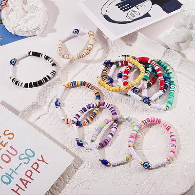 12Pcs 12 Colors Handmade Polymer Clay Heisih Beaded Stretch Bracelets Set with Evil Eye BJEW-SW00034-1