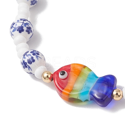 Handmade Flower Printed Porcelain Ceramic Glass Beaded Bracelets for Women BJEW-MZ00292-1
