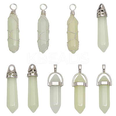 9Pcs 9 Styles Synthetic Luminous Stone Double Terminal Pointed Pendants G-CA0001-72-1