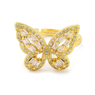 Butterfly Brass Micro Pave Cubic Zirconia Adjustable Rings for Women RJEW-U003-27B-G-1