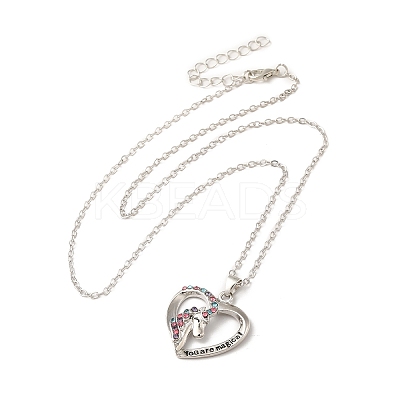 Colorful Rhinestone Heart with Unicorn Pandant Necklace with Cable Chains LS-NJEW-K246-01P-1