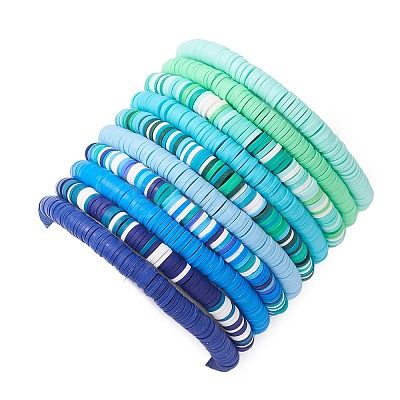 10Pcs 10 Colors Handmade Polymer Clay Heishi & Brass Bead Stretch Bracelets for Women BJEW-MZ00198-1