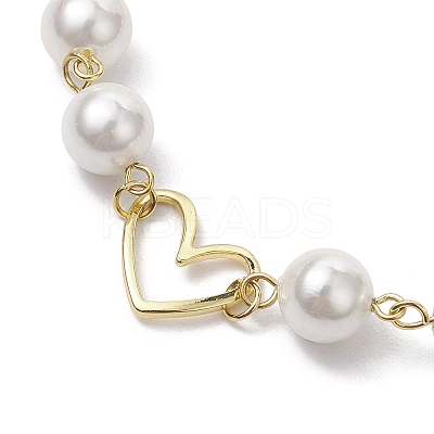 8mm Round Shell Pearl & Brass Heart Link Bracelets for Women BJEW-JB10424-1