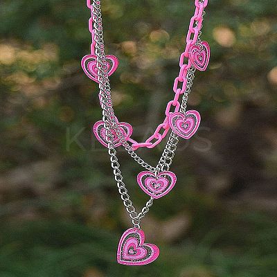 Acrylic Pink Glitter Heart Pendant 304 Stainless Steel Chain 3 Layer Necklaces for Women FS-WG9B734-01-1